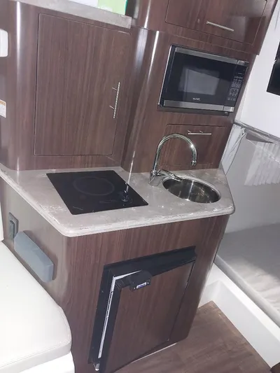 Northern Exposure II Yacht Photos Pics 2018 Regal 28 Express boat interior kitchen with stove, sink, microwave, and fridge.