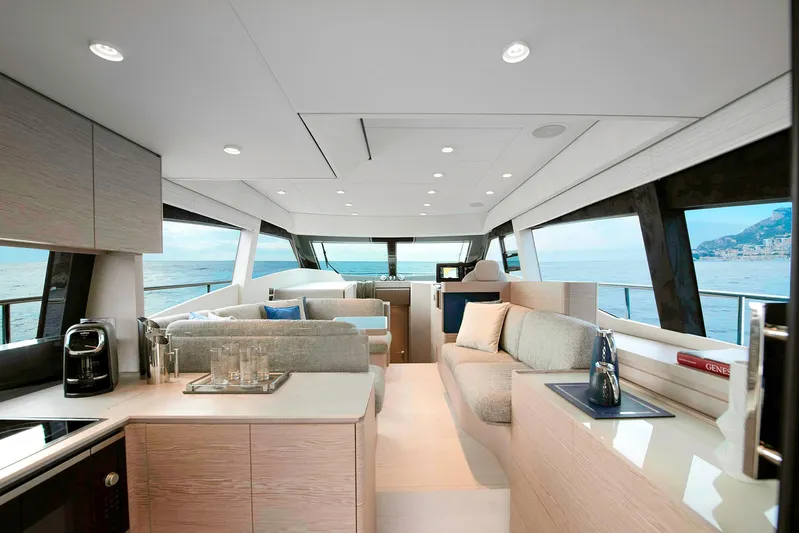  Yacht Photos Pics Luxurious interior of 2022 Ferretti Yachts 500 with modern design and ocean view.