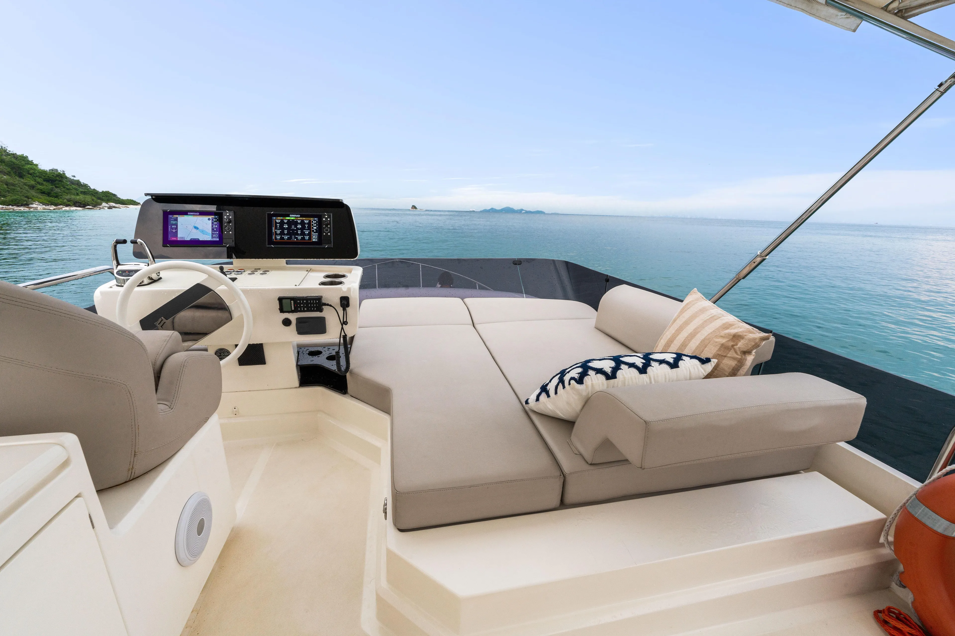  Yacht Photos Pics Luxurious 2022 Ferretti Yachts 500 interior with ocean view and modern helm station.