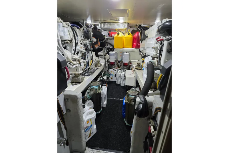 Everyday Yacht Photos Pics Engine room of 2003 Silverton 453 Motor Yacht with equipment and supplies.