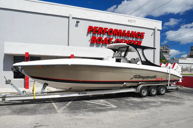  Yacht Photos Pics 2023 Renegade 38 GTS Open boat on trailer at Performance Boat Center.