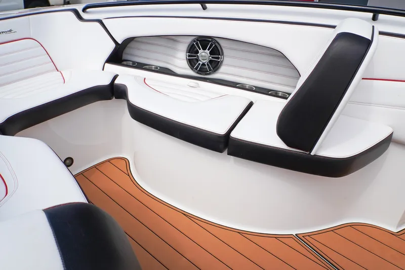  Yacht Photos Pics 2023 Renegade 38 GTS Open boat interior with white seating and wood-style flooring.