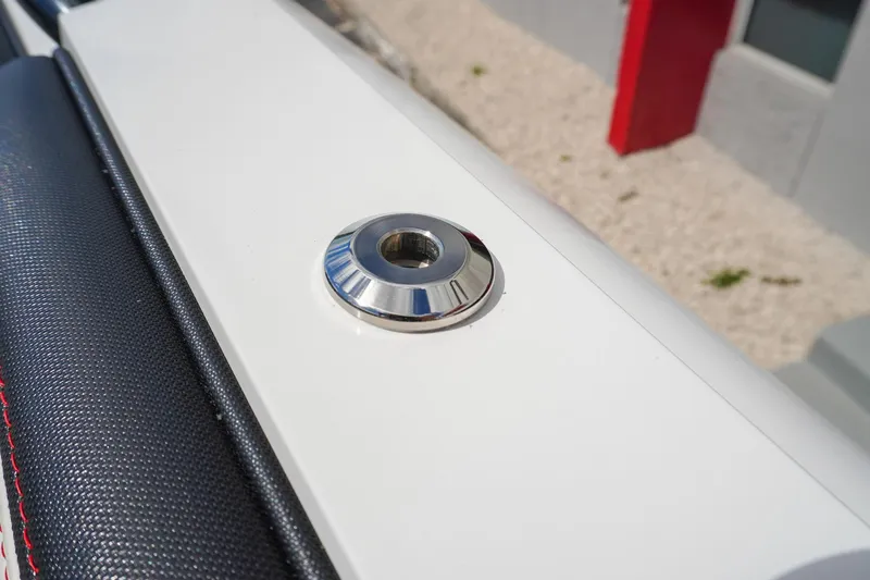  Yacht Photos Pics Close-up of 2023 Renegade 38 GTS Open boat detail, featuring sleek metal fitting.