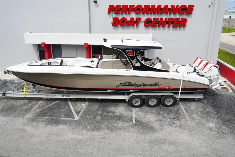  Yacht Photos Pics 2023 Renegade 38 GTS Open boat at Performance Boat Center on trailer.