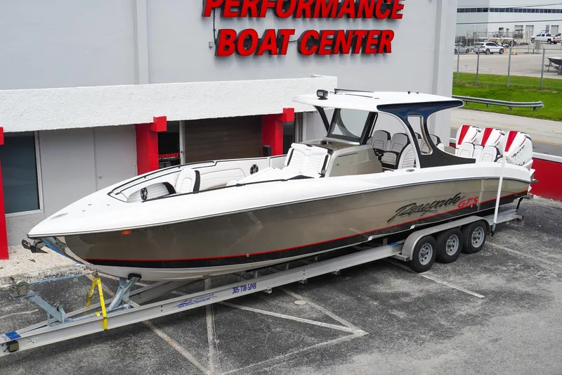  Yacht Photos Pics 2023 Renegade 38 GTS Open boat on trailer at Performance Boat Center.