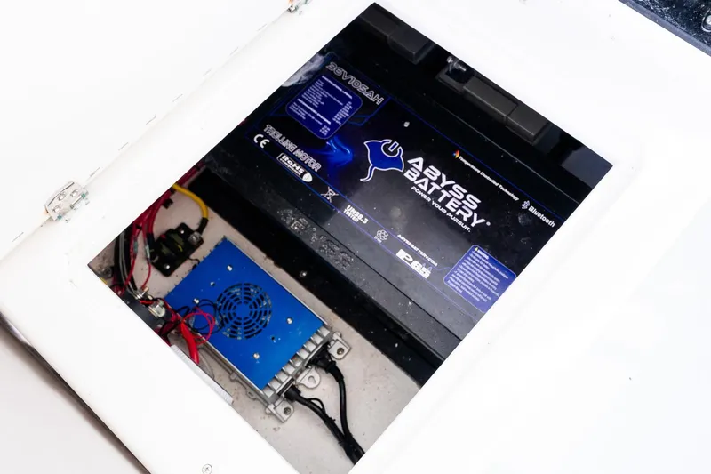  Yacht Photos Pics Battery compartment of 2024 Steiger Craft 31 Fisherman with Abyss Battery installed.