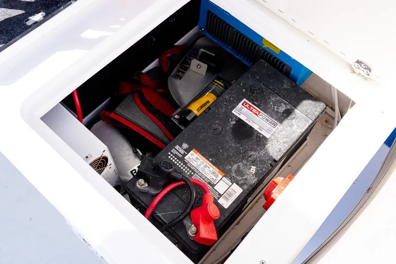  Yacht Photos Pics Battery compartment of 2024 Steiger Craft 31 Fisherman boat, featuring Ultra Power battery.