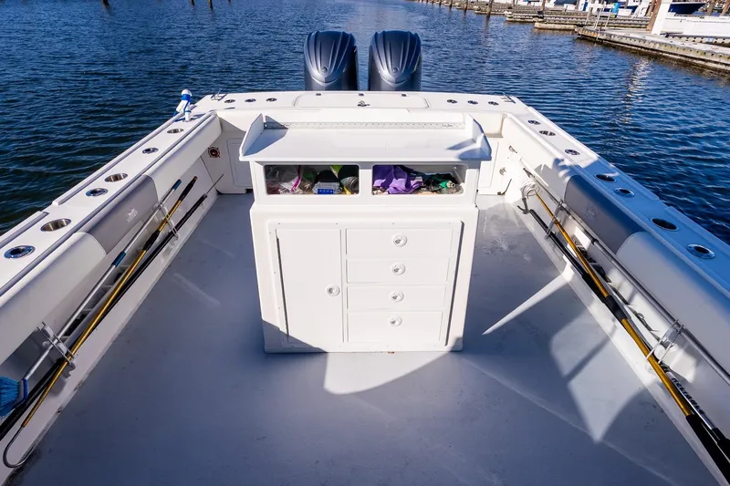  Yacht Photos Pics 2024 Steiger Craft 31 Fisherman boat deck with fishing rods and storage.