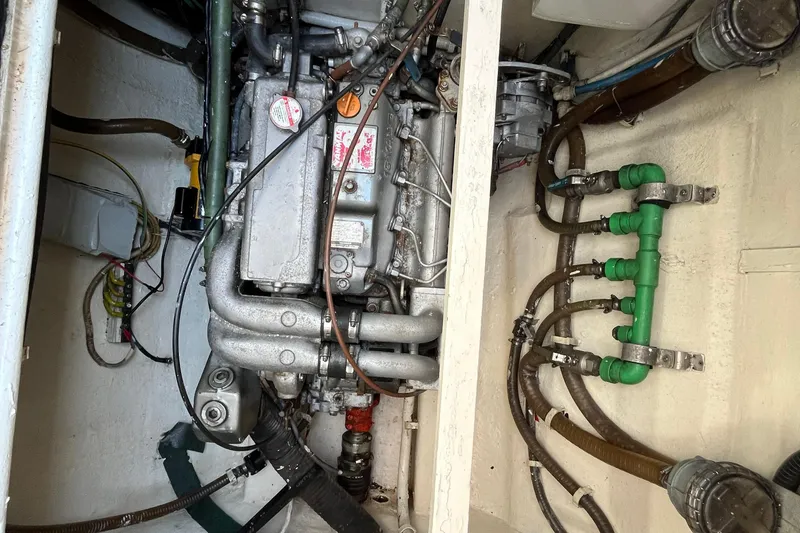 Sunreef 60 Yacht Photos Pics Engine room of a 2005 Sunreef 60 yacht, showcasing mechanical components and piping.