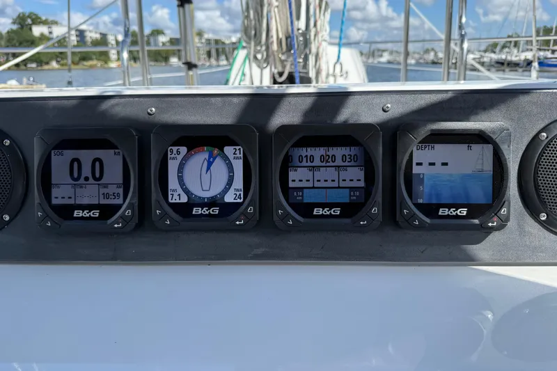 Su Ching Yacht Photos Pics B&G navigation instruments on a 1984 Tayana 55 sailboat, displaying speed, wind, and depth data.