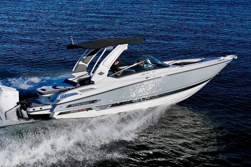  Yacht Photos Pics 2023 Monterey 305SS Super Sport boat cruising on open water.