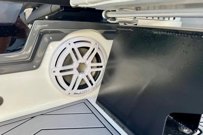  Yacht Photos Pics 2023 Monterey 305SS Super Sport boat interior with JL Audio speaker detail.