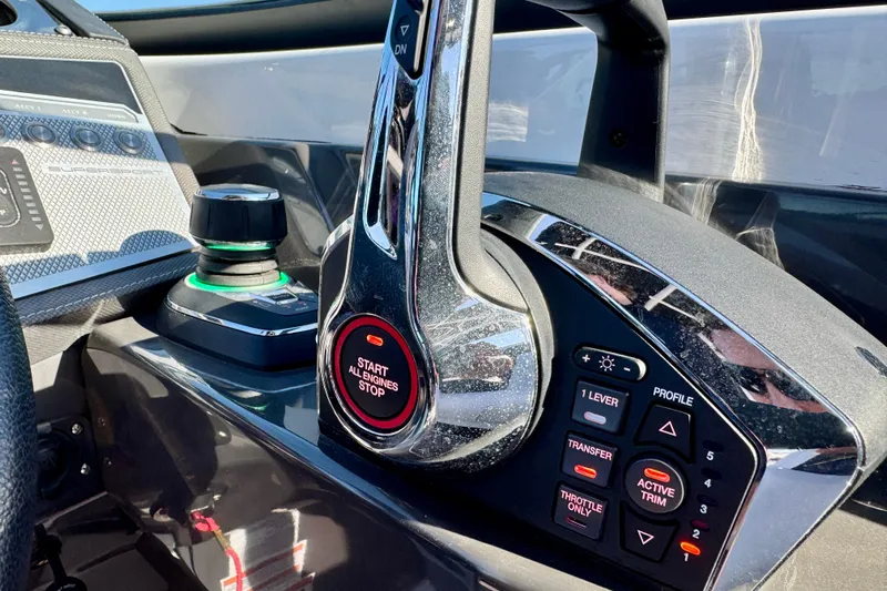  Yacht Photos Pics 2023 Monterey 305SS Super Sport boat controls with start button and joystick.