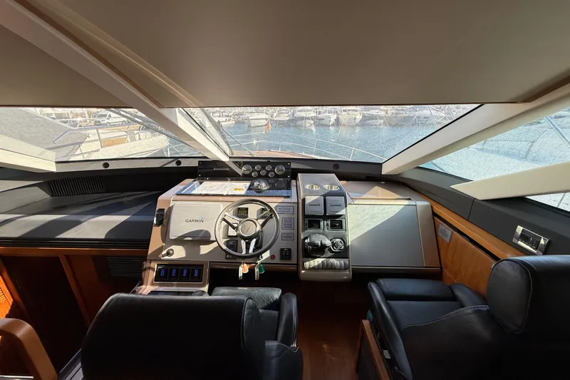 Marckeric Yacht Photos Pics 2012 Fairline Squadron 58 yacht helm with modern controls and panoramic view.