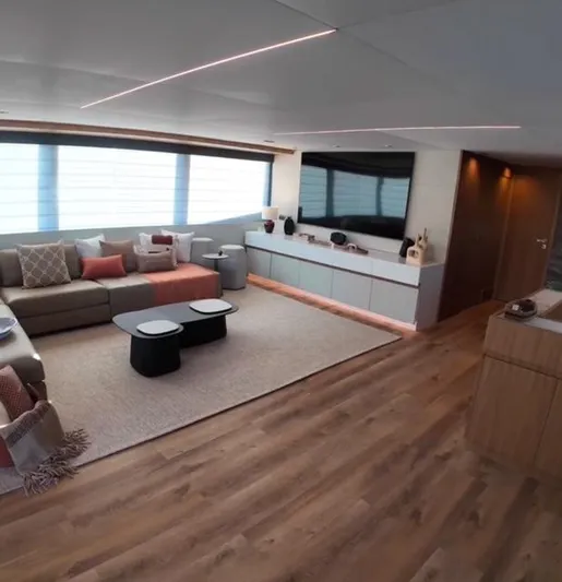  Yacht Photos Pics Luxurious interior of 2027 Inace AVENTURA 106 yacht with modern decor and spacious seating.