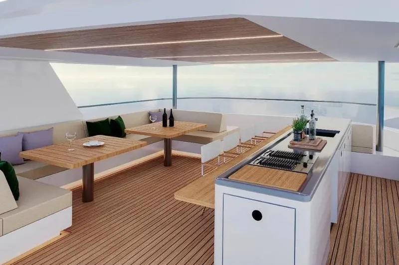  Yacht Photos Pics Luxurious 2027 Inace AVENTURA 106 yacht deck with seating and outdoor kitchen.