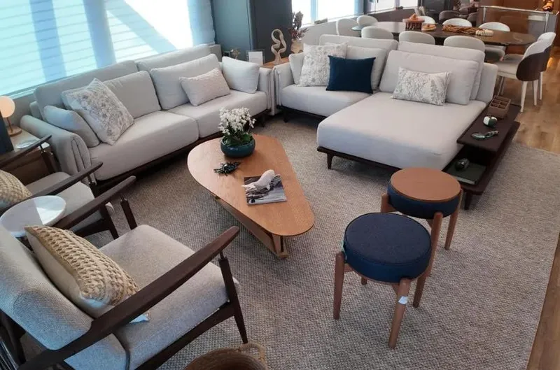  Yacht Photos Pics Luxurious interior of 2027 Inace AVENTURA 106 yacht with modern seating and decor.