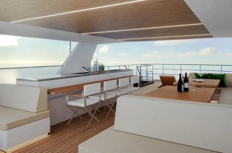  Yacht Photos Pics Luxurious Inace AVENTURA 106 yacht deck with seating, bar, and ocean view, 2027 model.