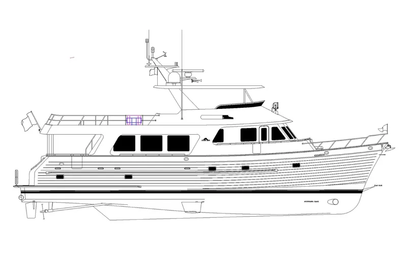 Unbridled Yacht Photos Pics Line drawing of a 2012 Outer Reef Yachts 700 Motoryacht, side profile view.