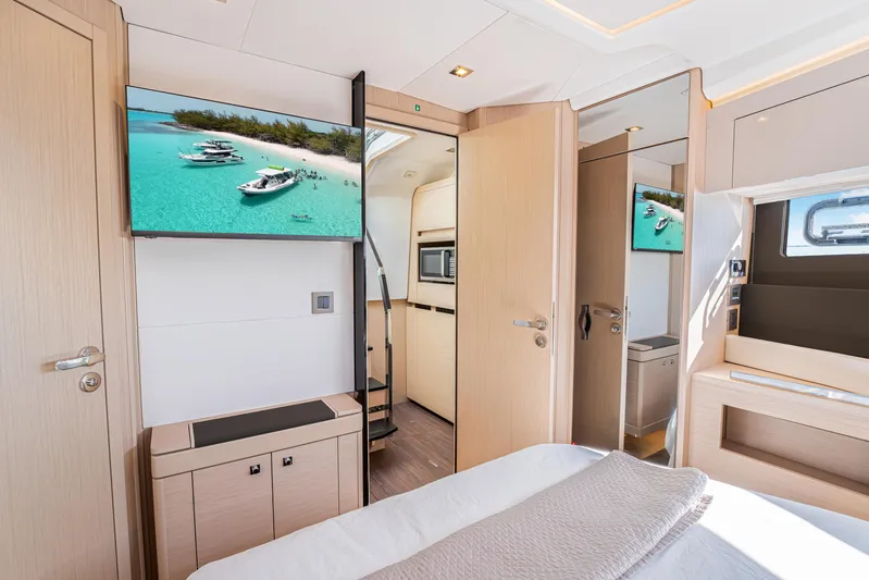 Equanimity Yacht Photos Pics Luxurious interior of 2023 Jeanneau DB43 yacht with modern amenities and elegant design.