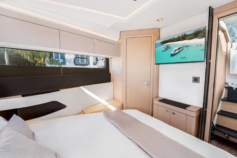 Equanimity Yacht Photos Pics Luxurious interior of 2023 Jeanneau DB43 yacht with modern design and elegant furnishings.