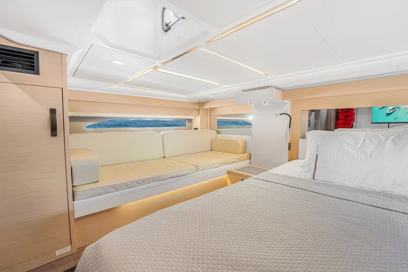 Equanimity Yacht Photos Pics Luxurious interior of 2023 Jeanneau DB43 yacht with modern furnishings and elegant design.
