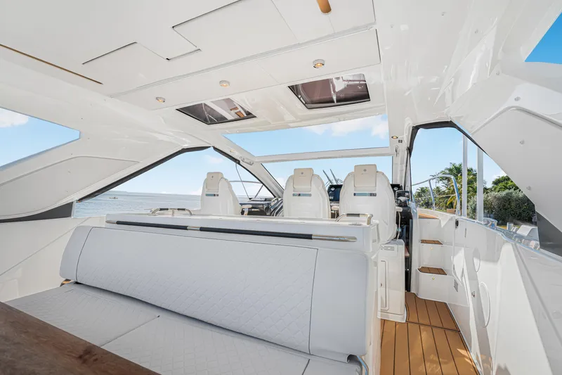 Equanimity Yacht Photos Pics 2023 Jeanneau DB43 yacht interior with sleek seating and modern design.