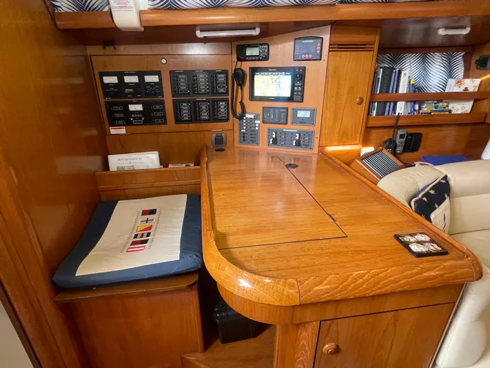 Karisma Yacht Photos Pics Interior of 2006 Jeanneau Sun Odyssey 45 yacht with navigation station and control panels.
