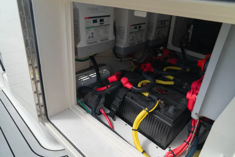  Yacht Photos Pics 2018 HCB 39 Speciale battery compartment with wiring and electrical components.