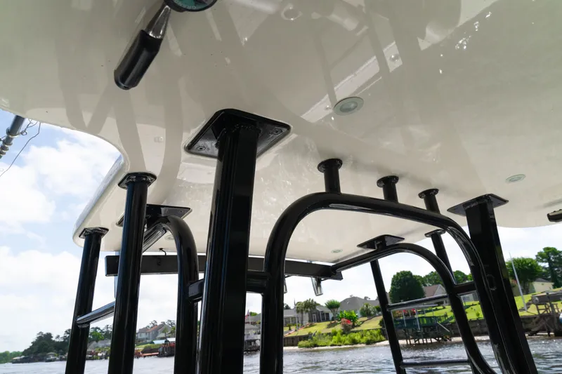  Yacht Photos Pics 2018 HCB 39 Speciale boat, view of T-top structure on a sunny day.