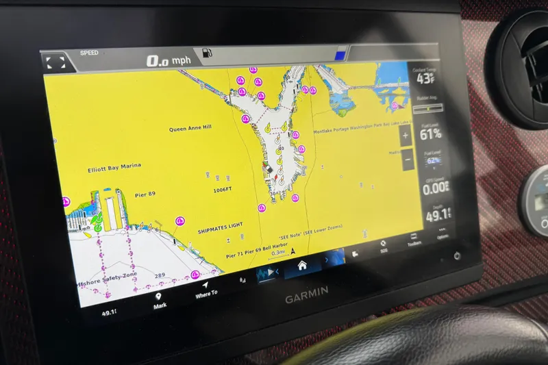  Yacht Photos Pics Garmin navigation display in 2024 Solara S-250 Coupe, showing detailed marine map.