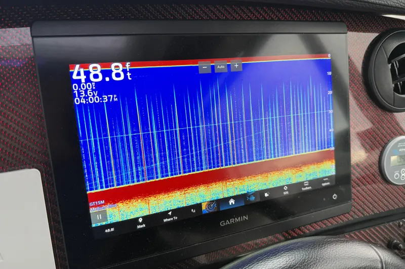  Yacht Photos Pics Garmin display in 2024 Solara S-250 Coupe showing sonar data and temperature.