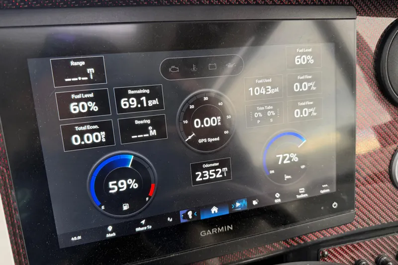  Yacht Photos Pics 2024 Solara S-250 Coupe dashboard display showing fuel levels and odometer reading.