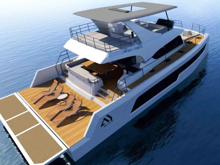  Yacht Photos Pics Aventura 56 Motor Yacht 2025 on calm water, featuring spacious deck and modern design.