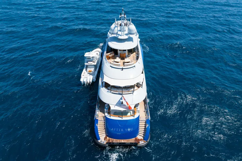 After You Yacht Photos Pics Luxurious 2011 Heesen 55m yacht cruising on open sea, aerial view.