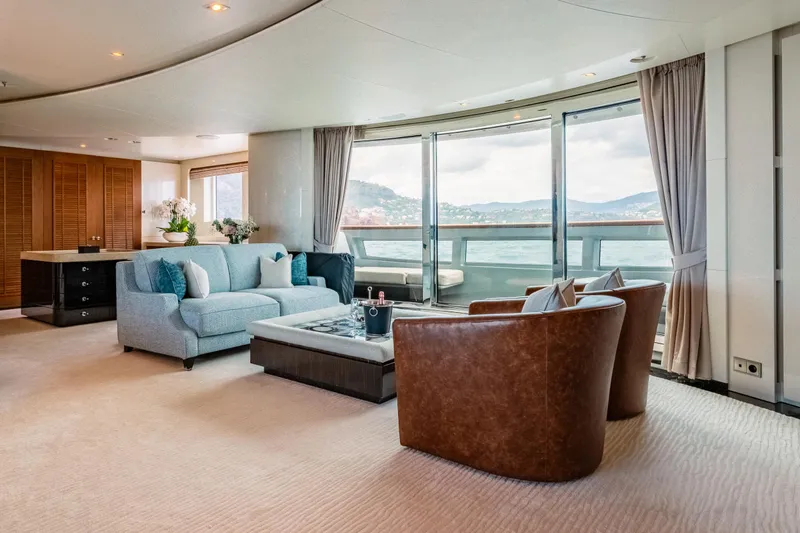 After You Yacht Photos Pics Luxurious interior of 2011 Heesen 55m yacht with elegant seating and panoramic windows.