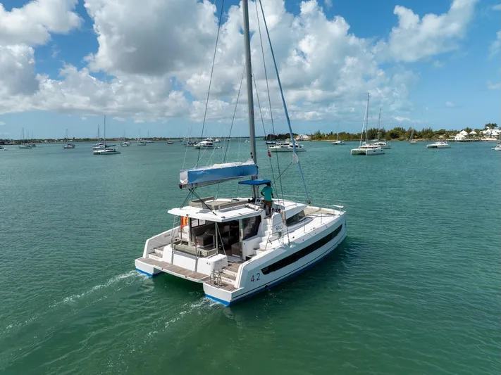 Cat Tales Yacht Photos Pics Bali 4.2 catamaran sailing in clear blue waters, 2022 model.