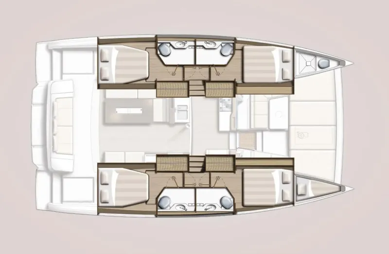 Cat Tales Yacht Photos Pics Floor plan of a 2022 Bali 4.2 catamaran, featuring cabins and living areas.