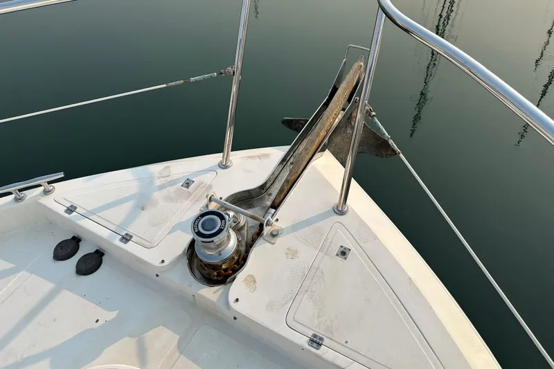 Sunchaser Yacht Photos Pics Bow of a 1999 Hampton 490 yacht with anchor and winch system.