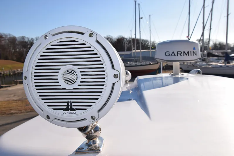 Tie Me Up Yacht Photos Pics JL Audio speaker and Garmin device on 2005 Donzi 38 ZSF boat deck.