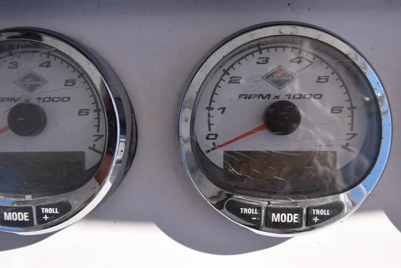 Tie Me Up Yacht Photos Pics Close-up of 2005 Donzi 38 ZSF boat tachometers displaying RPM readings.