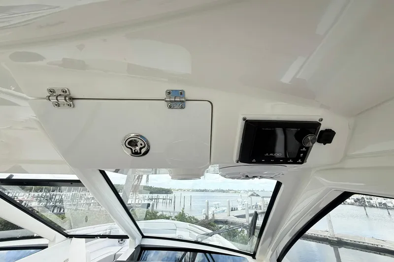 Salty Girl Yacht Photos Pics Interior view of 2022 Pursuit DC 365 Dual Console boat with JL Audio system.