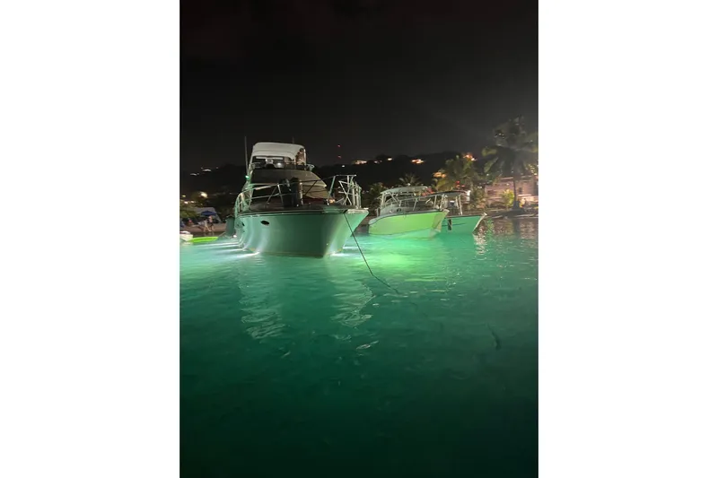 Nickys Yacht Photos Pics Night view of 2003 Uniesse 48 Fly yacht illuminated on water.