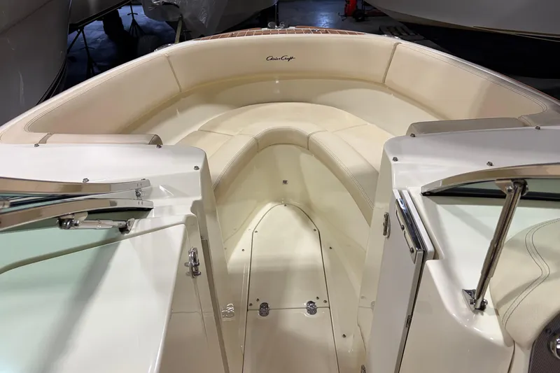  Yacht Photos Pics 2020 Chris-Craft Launch 28 GT boat interior with cream seating and sleek design.