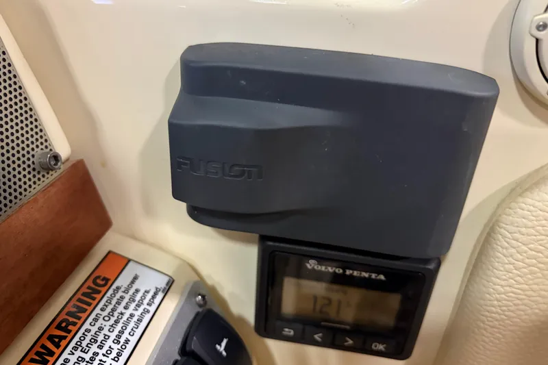  Yacht Photos Pics 2020 Chris-Craft Launch 28 GT dashboard with Fusion audio and Volvo Penta display.