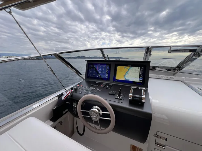 Stanislas Michel Yacht Photos Pics 2025 Itama 45 RS yacht helm with dual navigation screens and ocean view.