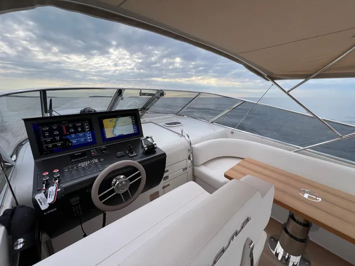 Stanislas Michel Yacht Photos Pics 2025 Itama 45 RS yacht cockpit with navigation system, steering wheel, and ocean view.