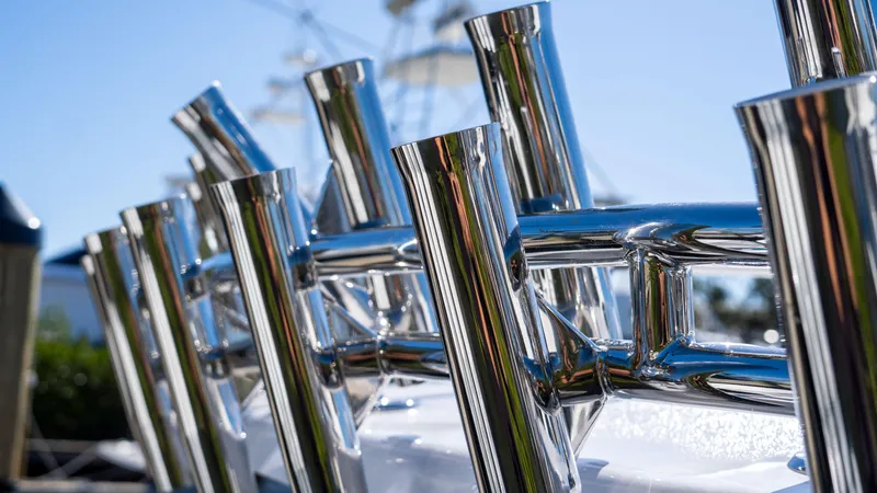  Yacht Photos Pics Close-up of chrome rod holders on 2026 Mag Bay 43 CC boat.
