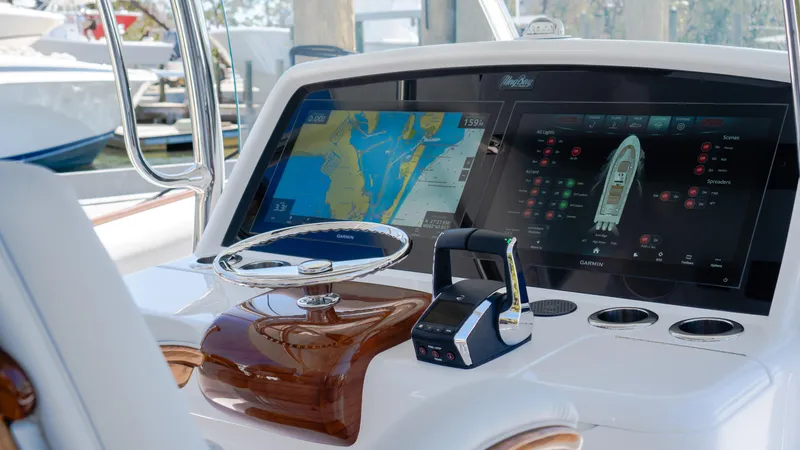 Yacht Photos Pics 2026 Mag Bay 43 CC helm with advanced navigation displays and controls.