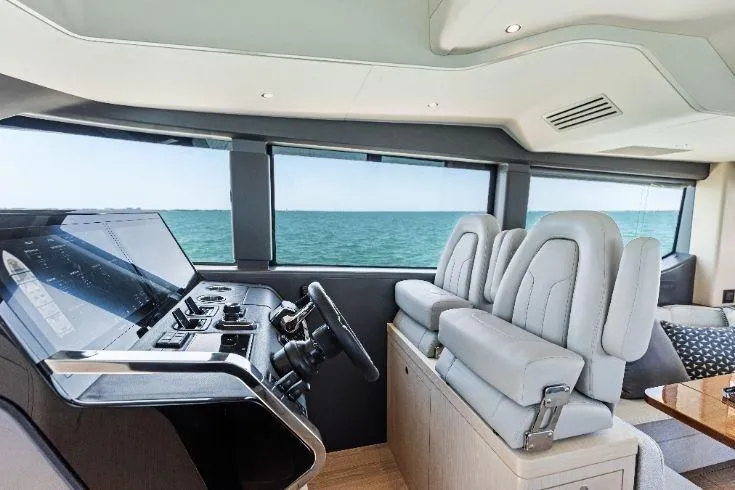  Yacht Photos Pics Interior of 2026 Scout 670 LXS yacht with modern helm and ocean view.